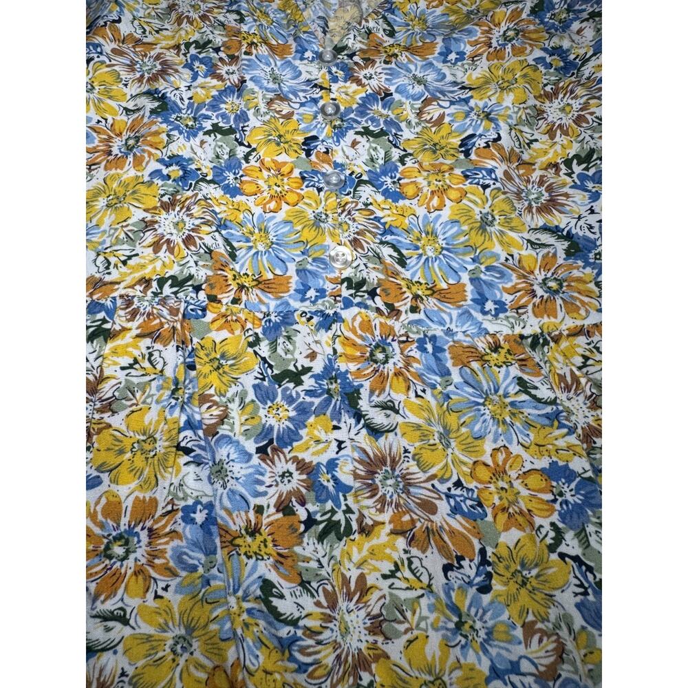 Brass and Roe Floral Mini Dress Women Large Boho Cottagecore Tiered Yellow/Blue - Picture 2 of 13